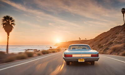 Obraz premium California dream: Sunset vibes with a classic 70s car