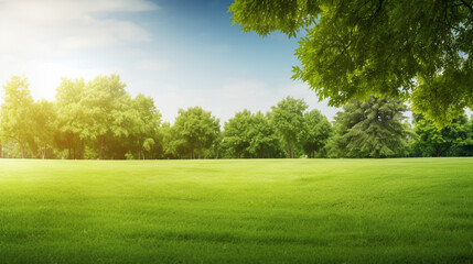 Green lawn and trees background with copyspace. Nature background concept. Generative AI - Powered by Adobe