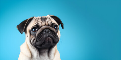 Cute pug breed making angry face and serious face on blue background, Whimsical Emotions: Cute Pug Breed with Angry and Serious Expressions