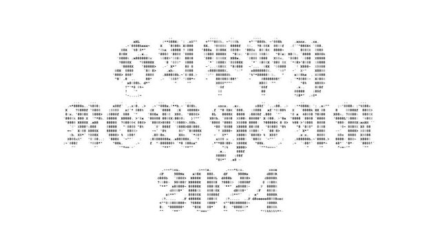 Happy New Year 2024 ascii animation on white background. Ascii art code symbols with shining and glittering sparkles effect backdrop. Attractive attention promo.