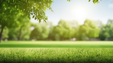 Fototapeta premium Green lawn and trees background with copyspace. Nature background concept. Generative AI