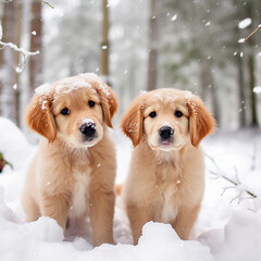 two golden retriever puppies 1 month old and an adult golden on a walk in the winter forest in the snow and it’s snowing - obrazy, fototapety, plakaty