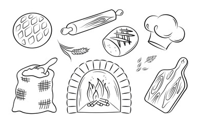 Bakery. Stove with a burning flame, chef's hat, rolling pin, cutting board, fresh bread. Set of vector doodle elements on a white background.