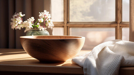 Fototapeta na wymiar Wooden bowl and towel at table beside the window, Spa treatment composition