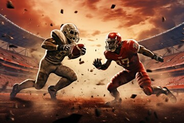 football players in red and gold stadium. mixed media, American Footballers Battling it Out on Field with Stadium in Background, AI Generated