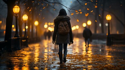 雨の日の街灯がつく歩道