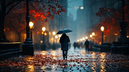 雨の日の街灯がつく歩道 - obrazy, fototapety, plakaty