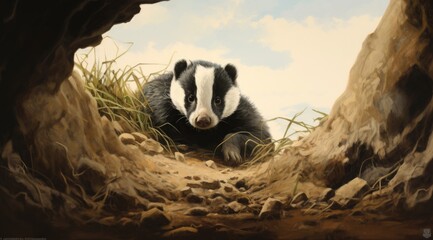 Shot of badger resting at entrance hole burrow mouth - obrazy, fototapety, plakaty
