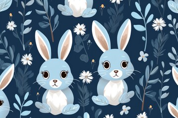 Obraz premium Watercolor floral and rabbits seamless wallpaper background for crafts, art projects, invitations. Happy Easter
