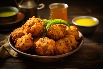 Mungdal bhajiya or yellow split gram fritters served. Chicken Pakora with sauce - obrazy, fototapety, plakaty