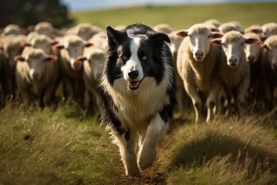 Border Collie sheep dog working a flock of sheep