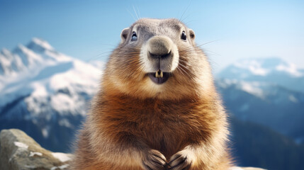 A cute fluffy marmot crawled out of its hole among the mountains and rocks on a sunny spring day. - obrazy, fototapety, plakaty