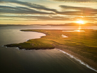 Irelands West on Achill Island. Drone shot of the coast at sunset