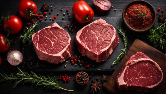 Fresh Raw Meat Beef Steaks On Black Wooden Board, Top View, Text Copy Space, View From Above, Two Red Meat Steaks, Spices, Herbs, Seasoning For Cooking, Grilling On Dark Counter Table. Generative Ai