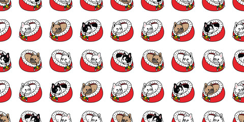 dog seamless pattern french bulldog Christmas sleeping bed Santa Claus vector cartoon puppy pet doodle gift wrapping paper tile background repeat wallpaper illustration scarf isolated design - obrazy, fototapety, plakaty