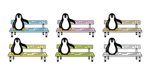 penguin vector sitting bench seat chair cartoon character icon bird logo doodle illustration symbol design isolated - obrazy, fototapety, plakaty