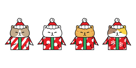 cat vector christmas gift box santa claus hat icon calico kitten neko pet cartoon character symbol tattoo illustration clip art isolated design