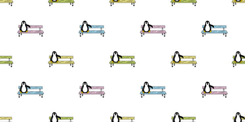 penguin seamless pattern sitting bench chair seat cartoon bird doodle gift wrapping paper tile background repeat wallpaper illustration isolated design