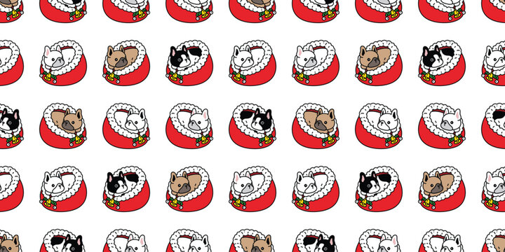 dog seamless pattern french bulldog Christmas sleeping bed Santa Claus vector cartoon puppy pet doodle gift wrapping paper tile background repeat wallpaper illustration scarf isolated design