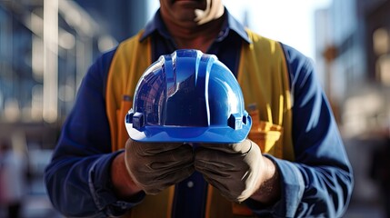 Man holding blue helmet close up. Construction workers