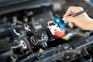 Car service check concept, Technician recommended an inspection checklist and point checking for...