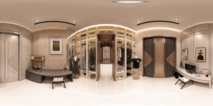360-degree round 3D illustration that features a seamless panorama of a walk-in closet interior design in a modern luxury style