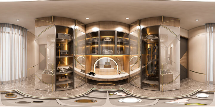 360-degree round 3D illustration that features a seamless panorama of a walk-in closet interior design in a modern luxury style