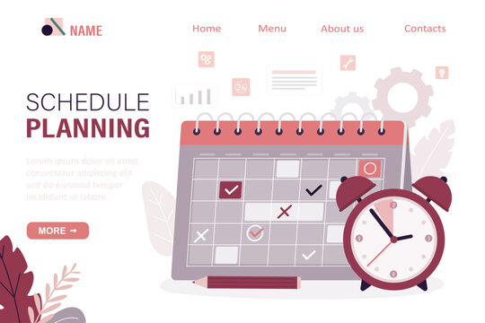 Calendar and watch. Time management, business planning, organizing and adherence to calendar schedule and work plan, notification and reminder. Landing page template.