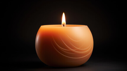 Obraz na płótnie Canvas Tall Peach Fuzz candle lit in darkness, offering warmth and comfort.