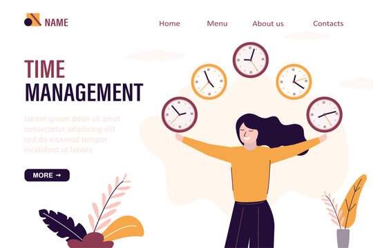 Time management, landing page template. Punctuality or work deadline, schedule plan or reminder, productivity, timer countdown. Confident businesswoman expert juggling cloc
