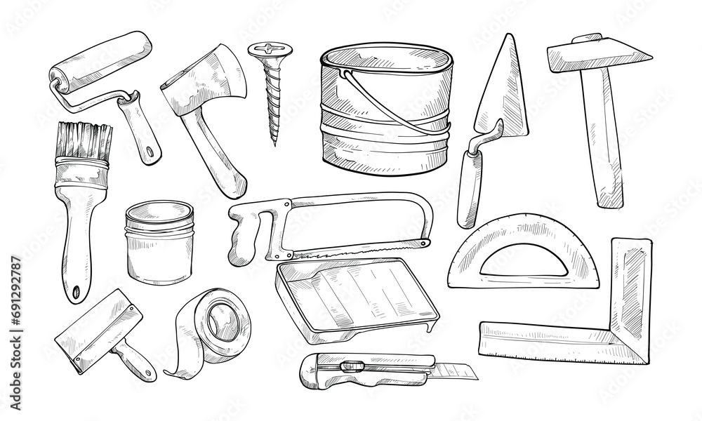 Wall mural construction repair tools handdrawn collection