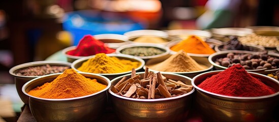 Colorful Indian spices sold at Anjuna flea market in Goa, India.
