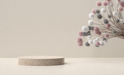 Minimalist beige cylindrical stand with decorative pastel colored plants.