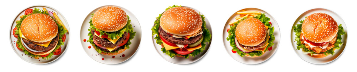 burgers on a plate top view - obrazy, fototapety, plakaty