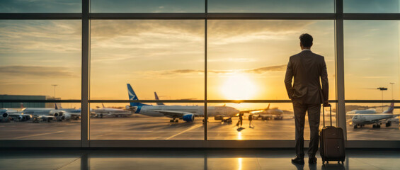 businessman standing waiting for flight at airport window with travel luggage