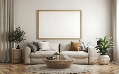 Mockup frame in cozy simple living room interior close up, 3d render. Ai Generated