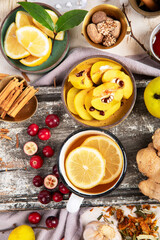 Hot drinks with honey, lemon and ginger for remedy.