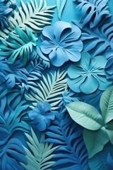 Collection of tropical leaves, foliage plant in blue color 