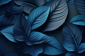 Collection of tropical leaves, foliage plant in blue color 