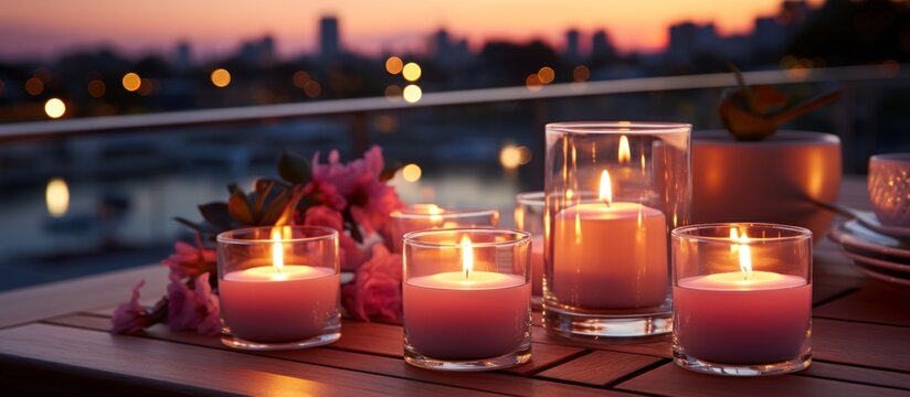 Candles on the table in front of the city lights