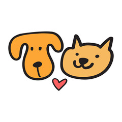 Dog and cat happy faces. Friendship. Pets adoption emblem. Hand drawn vector illustration