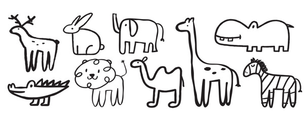 Collection of cute baby animals. Deer, elephant, crocodile, giraffe, bunny, lion, camel, hippo, zebra. Hand drawn outline vector illustration on white background. Children art. - obrazy, fototapety, plakaty