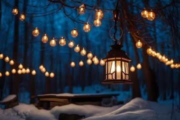 Winter forest survival shelter with kerosene lamp and garlands hanging over it - obrazy, fototapety, plakaty