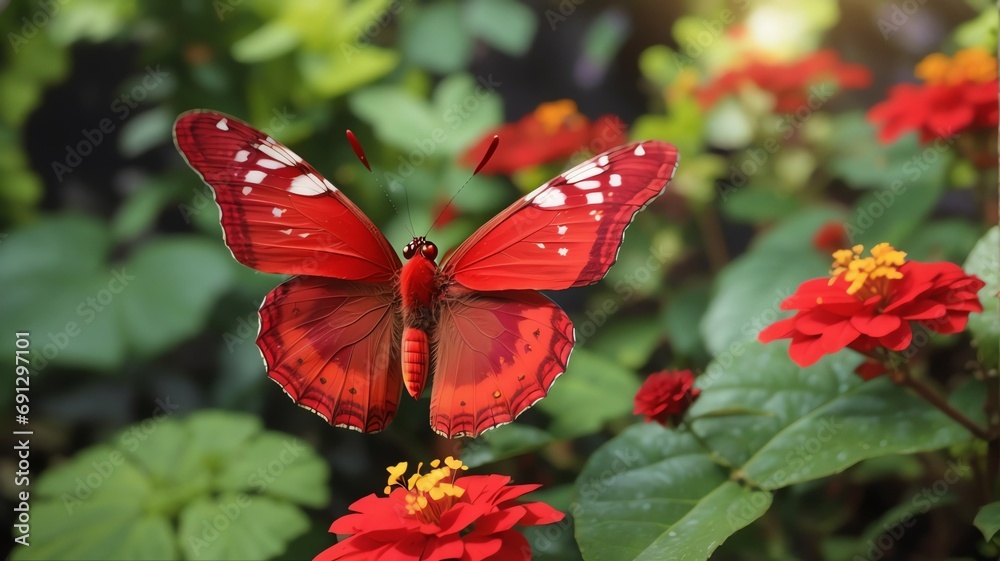 Wall mural A very beautiful red butterfly with spread wings on a garden background from Generative AI