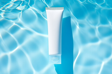 Blank white plastic tube on blue water background. Cosmetic lotion bottle cream packaging product mockup. Body care, spa skincare. Copy space