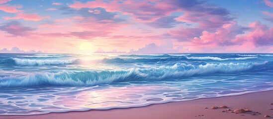 Obraz premium Beach at dusk, with colorful sky and sparkling sand.