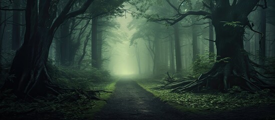 Naklejka premium Forest with eerie trees over path