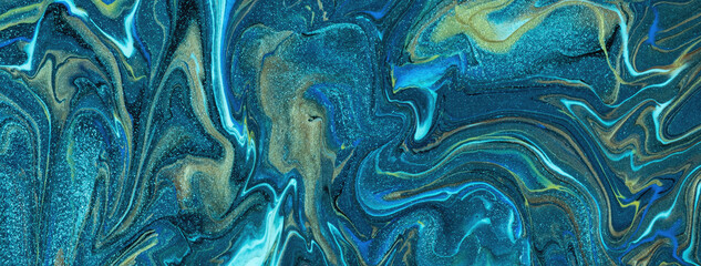 Abstract fluid art background navy blue and turquoise colors. Liquid marble. Acrylic painting with...