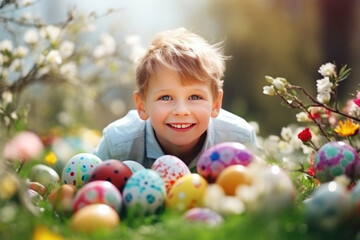 Fototapeta na wymiar Kid boy in garden on Easter egg hunt, Easter background