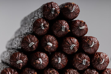 a lot of dried sausages close view for advertising and banners